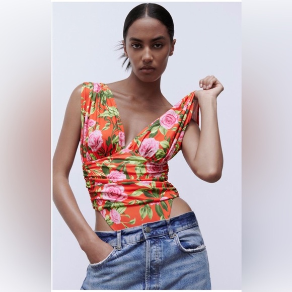 Zara orange floral multi PRINTED DRAPED plunge front BODYSUIT size medium new‎ - Picture 9 of 9